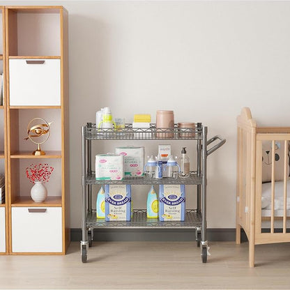 Folews Heavy Duty Rolling Cart with Wheels, 990LBS Metal Utility Cart | 3-Tier NSF Rolling Storage Organizer, Adjustable Shelves & Basket, Lockable Casters, Commercial Storage Trolley, Gray