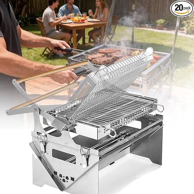 180°x2 Flip Charcoal Grill in 304 Stainless Steel, Detachable & Easy to Assemble, Versatile BBQ for Grilling Fish, Meat, Veggies, Perfect for Backyard Gatherings and Outdoor Adventures