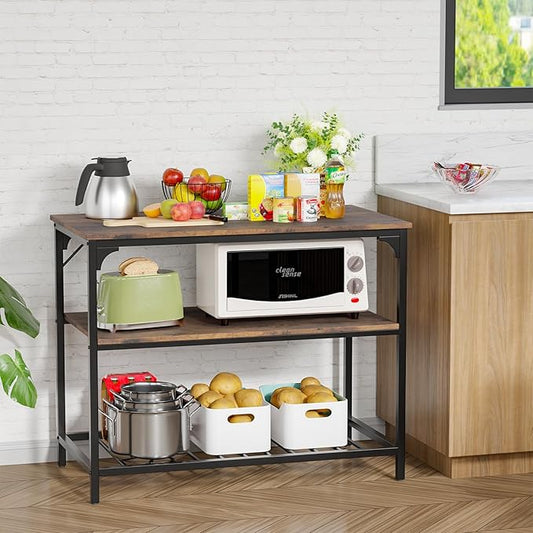 FDW 3-Tier Kitchen Island with Shelves, Modern Style, Sturdy Kitchen Island Table with Storage Shelves, Heavy Duty, Pewter Finish