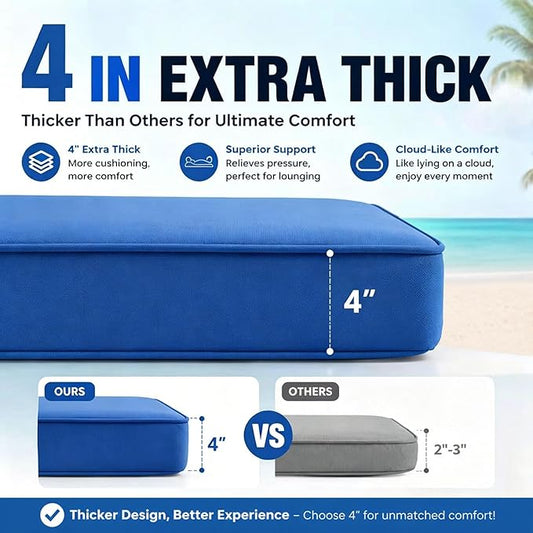 Chaise Lounge Cushion for Outdoor Furniture, Waterproof, Fade-Resistant and Tear Resistant, Patio Lounger Pads with Removable Cover for Pool, Deck, Lawn, 80x26x4 inch, Royal Blue
