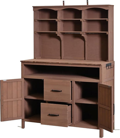 Merax 45.3" Large Outdoor Fir Wood Potting Bench with Storage, Multi-Functional Patio Kitchen Island with 6-Shelf Hutch+2 Cabinets+2 Drawers+3 Hooks, Garden Workstation for Planting, Gardening, Brown