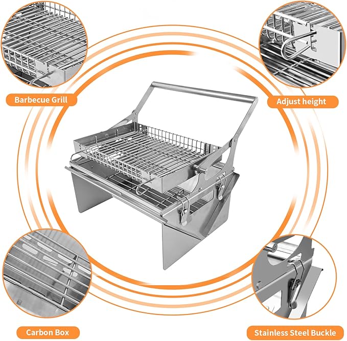 Portable 360°Rotating Charcoal Grill with Flipping Basket - 304 Stainless Steel Barbecue Grill for Camping, Tailgating, and Outdoor Adventures, Easy to Disassemble, Includes BBQ Bag New Upgrade