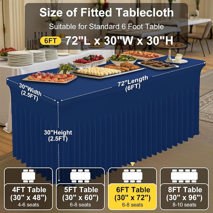 Smiry Spandex Elastic Fitted Table Cloth Skirt for 6FT Rectangle Table | Stretch Washable Table Cloth, Banquet Table Cover for Wedding, Party, Indoor & Trade Shows, (Navy, 72Lx30Wx30H)