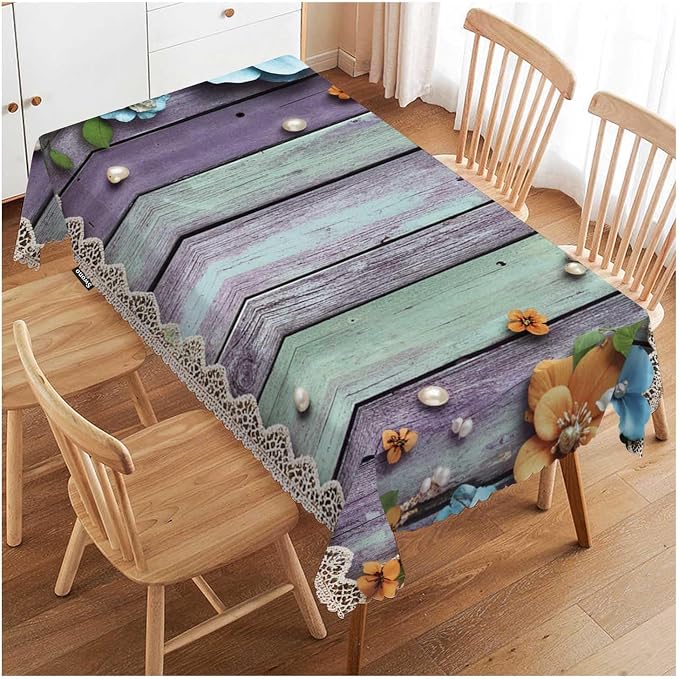 Swono Pearls Table Cloth Old Wooden Flowers Pearls and Lace Rectangle Tablecloth Picnic Table Cover BBQ Table Cloths Polyester for Kitchen Home Camping Patio 50x72 Inch