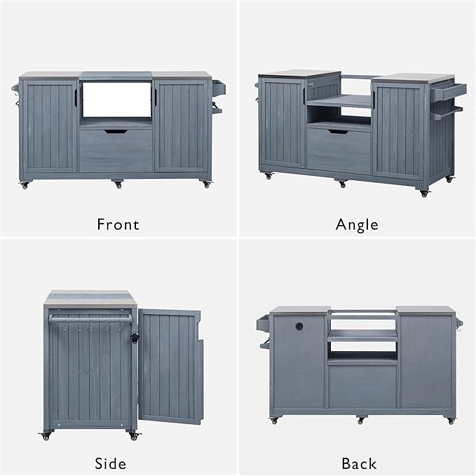 LUMISOL Outdoor Grill Cart for Big Green Egg Grills, 66.5" Solid Wood Outdoor Kitchen Island with Stainless Steel Top, Rolling Kitchen Cart with Internal Storage Rack, Spice & Towel Rack, Grey Blue