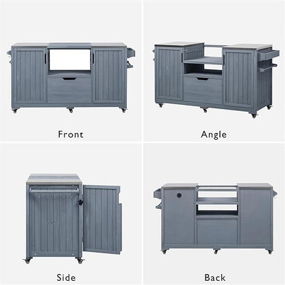 LUMISOL Outdoor Grill Cart for Big Green Egg Grills, 66.5" Solid Wood Outdoor Kitchen Island with Stainless Steel Top, Rolling Kitchen Cart with Internal Storage Rack, Spice & Towel Rack, Grey Blue