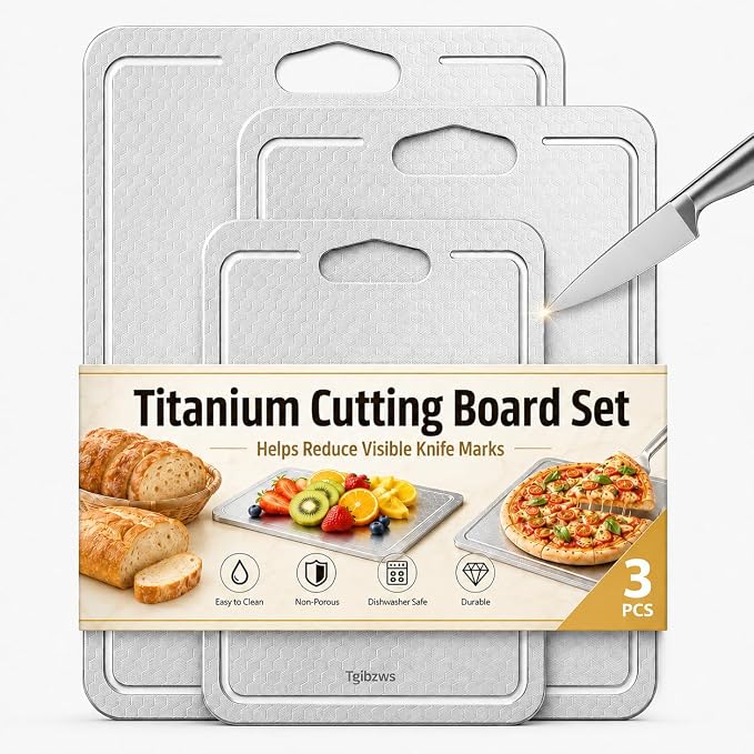 3-Piece Titanium Cutting Board Set, Scratch-Resistant, Dishwasher Safe | 3-piece titanium cutting board set with juice grooves,non-slip mat,double-sided use,dishwasher-safe cleanup for kitchen & BBQ
