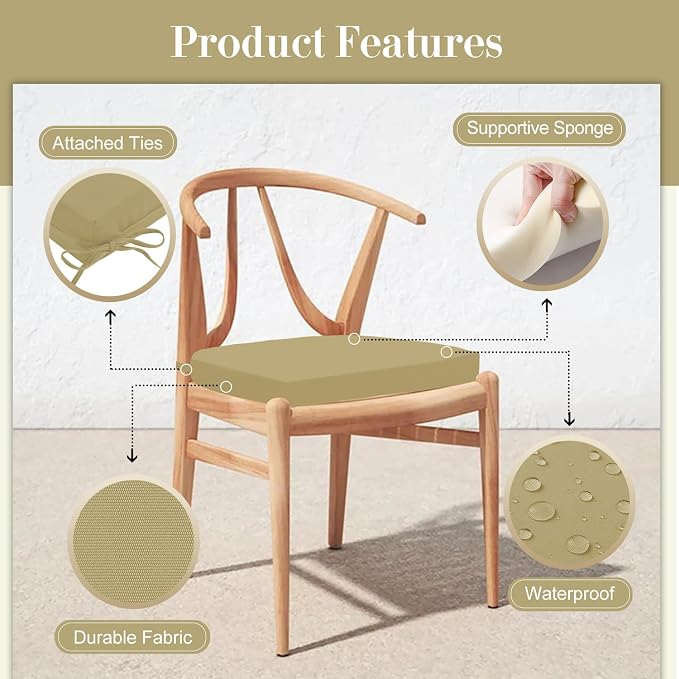 Cozyide Outdoor Chair Cushions, Waterproof Patio Seat Cushions with Adjustable Straps, Round Corner Patio Chair Cushions for Garden, Khaki, 17x16x2 Inch (Pack of 4)