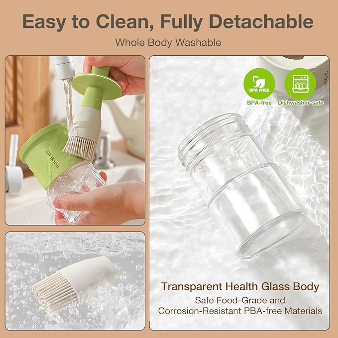YARRAMATE 300ml /10oz Oil Dispenser with Brush - Glass Oil Bottle for Kitchen with Silicone Heat Resistant Basting Brush - Cooking Brush for Vinegar Sauce BBQ Grill Frying - Green
