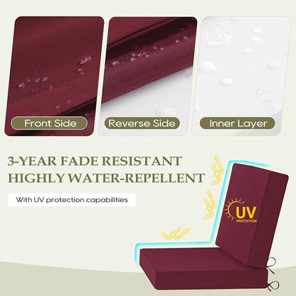 Wellsin Outdoor Deep Seat Patio Cushions, 22 x 22 Waterproof & 3-Year Fade Resistant Outdoor Cushions with Removable Covers,Ties and Handle for Chair, Sofa, Couch, Burgundy