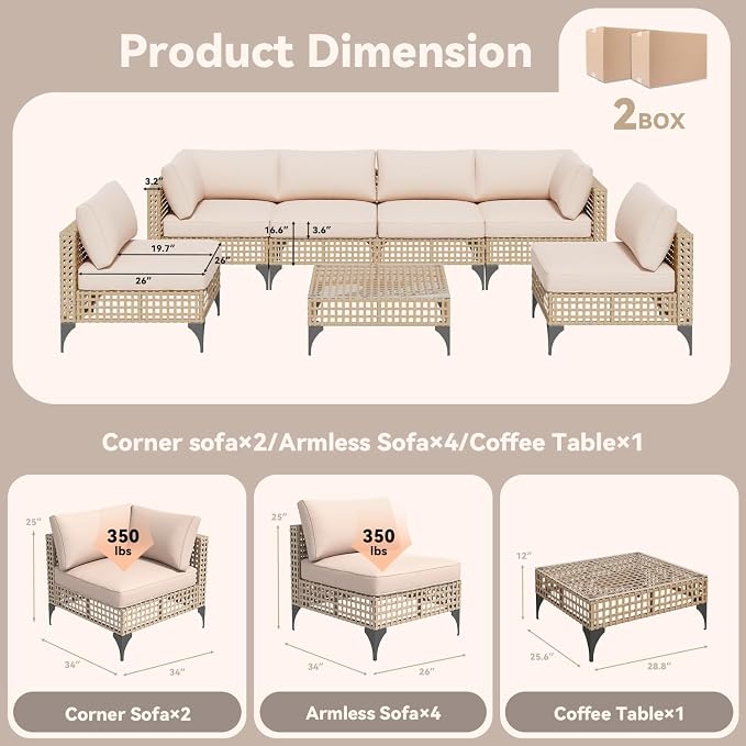 U-MAX 7-Piece Patio Furniture Set with Tea Table, Boho Outdoor Furniture Set Sectional Sofa Wicker Conversation Set with Light Brown Rattan&Beige