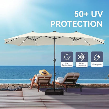 GREEN PARTY 15 ft Large Outdoor Patio Umbrella with Solar Led Lights & Base Included, Double-Sided Rectangular Table Umbrella with Stand, Market Umbrellas for Deck Poolside Garden Backyard, Ivory