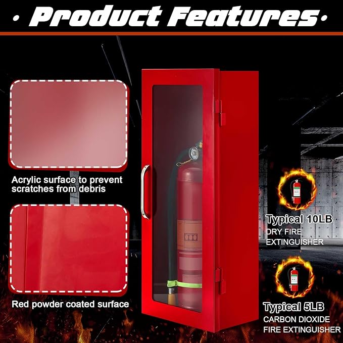 Zonon 10 lb Fire Extinguisher Cabinet with Reflective Sign, Wall & Surface Mount Fire Extinguisher Box Case Steel 24-3/4" H x 10-1/4" W x 6-3/4" D, with Handle, for 2.5/5/10 lb Dry Chemical(Red)