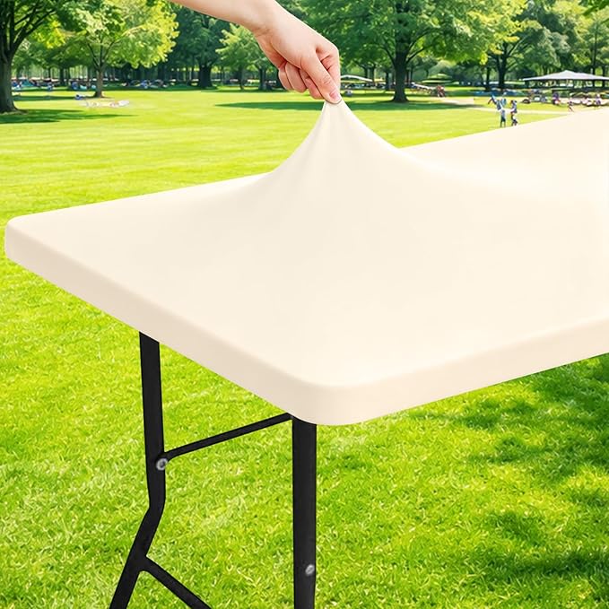 Moosfor Spandex 4 Foot Rectangle Table Cloth, Elastic Fitted Tablecloths for Picnic, Stretch Washable Patio Table Cover for Outdoor, Camping, Banquet and Parties (Champagne, 30"x48")