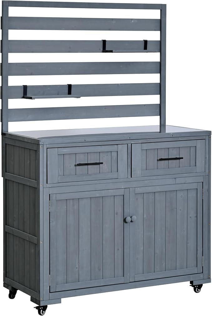 Outdoor Grill Cart with Storage Cabinet and Stainless Table Top, Outdoor Kitchen Island Prep Cart Grill Station for Food Prep and BBQ, Gray