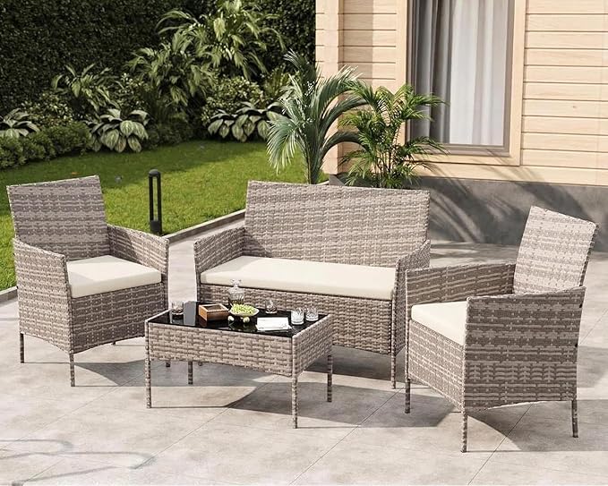 4-Piece Outdoor Furniture Set, PE Rattan Wicker Chairs with Soft Cushions & Tempered Glass Coffee Table - All-Weather Patio Set for Garden, Backyard, Porch, Poolside (Grey/Beige)
