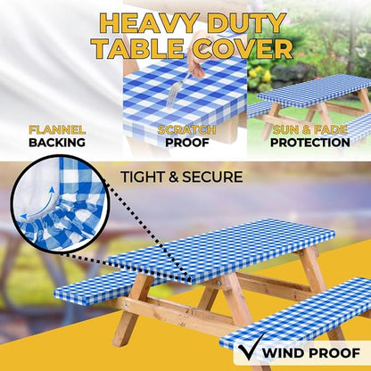Vinyl Fitted Picnic Table Cover with Bench Covers & Blue 6ft Blue Checkered | Vinyl Fitted Picnic Table Cover with Bench Covers and Bag, Outdoor Waterproof Windproof Picnic Tablecloth with Elastic Edges.