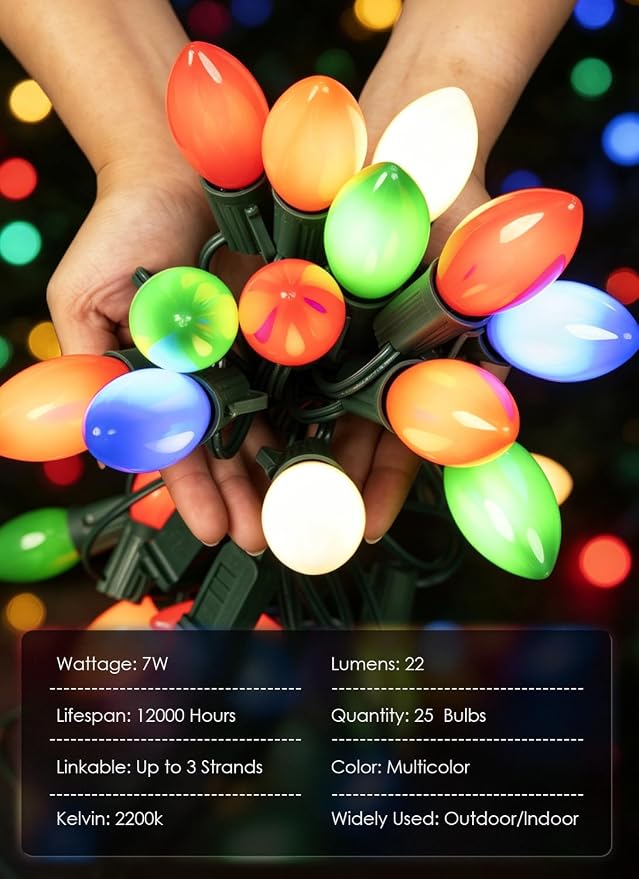Formosa 26FT Upgraded Version C9 Christmas String Lights, Ceramic Multicolor Incandescent Bulbs, UL Listed, Ideal for Indoor Use, Xmas Tree, Holiday Party & Bedroom Decor