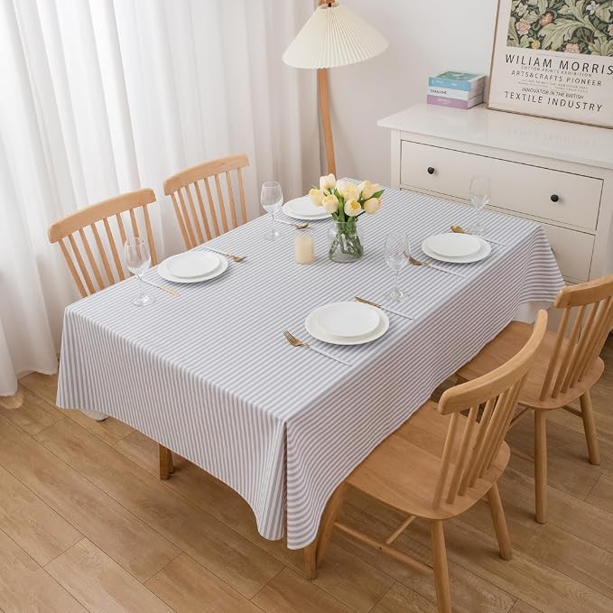 LIBERECOO Vinyl Tablecloth with Flannel Backing,Gery Stripe 60 x 84 Inch Rectangluar Tablecloths Stain-Resistant Waterproof Plastic Table Cover for Indoor/Outdoor