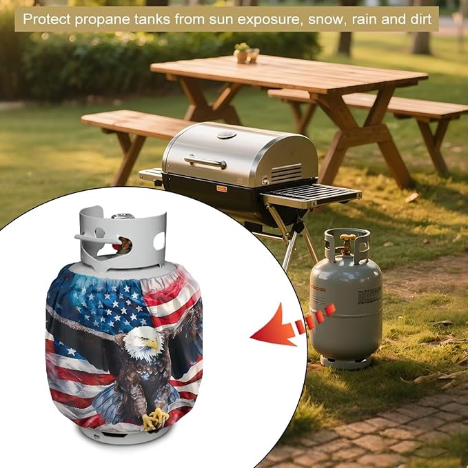 American Eagle Propane Tank Cover Fits Standard 20 lb Tank Cylinde Travel Trailer Propane Covers with Elastic Slip in Gas Cover Water & Wear-Resistant for Outdoor and Indoor Use