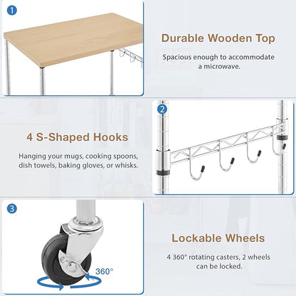 BolDuck 450Lbs Capacity Microwave Cart with Wheels, 3 Tier Rolling Cart with Adjustable Shelves, Multifunctional Metal Utility Storage Kitchen Carts on Wheels, 23.6" L*15.7" W*37" H, Wood+Chrome