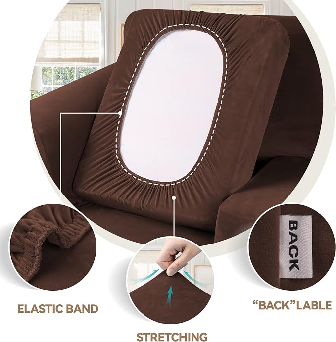 WEERRW Velvet Stretch 3 Pieces Couch Cover for Sofa Washable, Chocolate | Love Seat Couch Covers for 2 Cushion Couch Sofa Furniture Protector slipcoves with Elastic Bottom for Kids, Medium