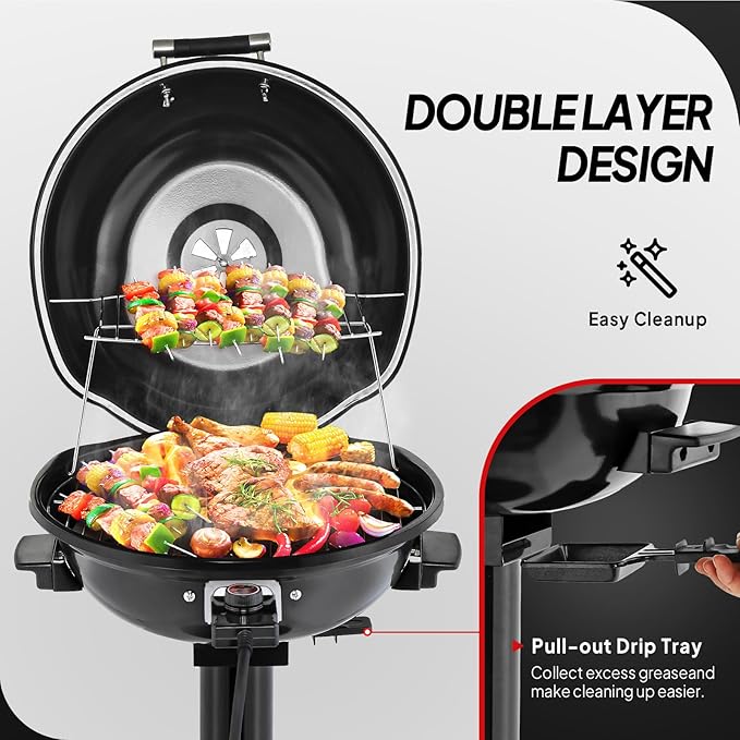 ROVSUN 1600W Vertical Electric Grill with Lid, Red 304 Stainless Steel Grill w/Detachable Pull-out Drip Tray, Double Layer Design, Portable & Removable, for Indoor and Outdoor Use (Black Vertical)
