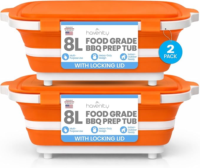 BBQ Prep Tub 2 Pack (8L+8L) - Multifunctional Collapsible Camping Cutting Board with Upgraded Locking Lid, Meal Prep Meat Storage Container Perfect for Grilling, Outdoor Cooking (Large x 2)