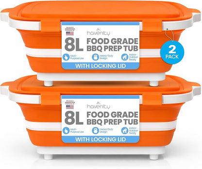 BBQ Prep Tub 2 Pack (8L+8L) - Multifunctional Collapsible Camping Cutting Board with Upgraded Locking Lid, Meal Prep Meat Storage Container Perfect for Grilling, Outdoor Cooking (Large x 2)