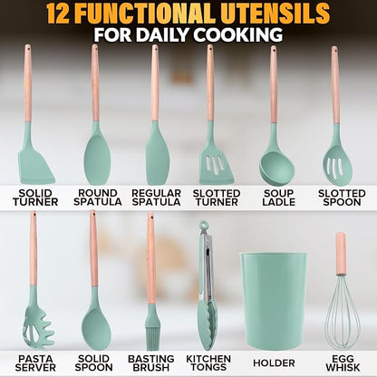 12Pcs Mint Green Kitchen Accessories with Holder for Nonstick Pans | Silicone Cooking Utensils Set for BBQ; Heat-Resistant Tools with Wooden Handles for Baking, Serving, Frying, and Mixing