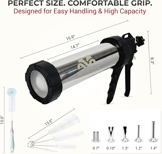 Stainless Steel Jerky Gun & Sausage Stuffer Kit – 1.5 lb Capacity, 5 Nozzle Set, Meat Pusher, 5 Cleaning Brushes, & Food-Safe Gloves – For Beef Jerky, Snack Sticks & Bratwurst