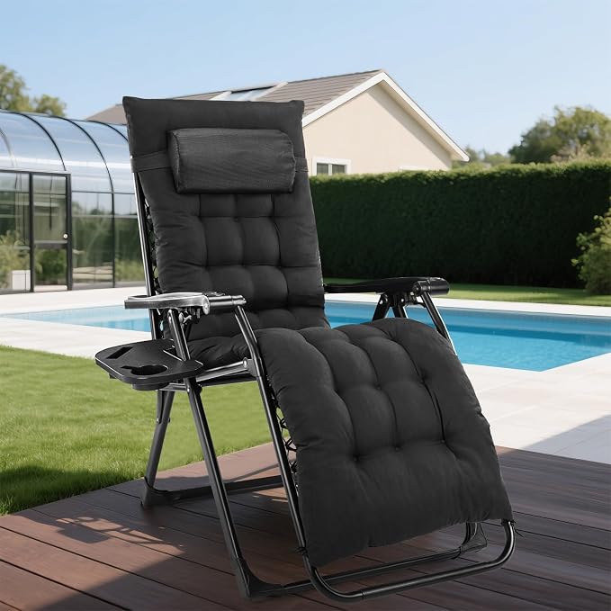 DUMOS Zero Gravity Chairs Set of 2, Lounge Chair Outdoor with Cup Holder | Folding Reclining, Removable Cushion Trays, Beach Camping Patio, Indoor Outside, Black