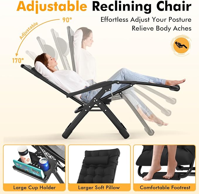 Slendor Oversized Zero Gravity Chairs XL, 29in Padded Recliner Chair, Black | Reclining Lounge Chair, Folding Anti Gravity Chairs w/Aluminum Alloy Lock,Headrest,Cup Holder, Support 440lbs,for Lawn Patio