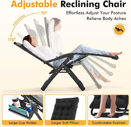 Slendor Oversized Zero Gravity Chairs XL, 29in Padded Recliner Chair, Black | Reclining Lounge Chair, Folding Anti Gravity Chairs w/Aluminum Alloy Lock,Headrest,Cup Holder, Support 440lbs,for Lawn Patio