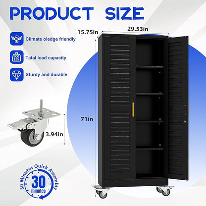 GAIOUS 71” Metal Garage Storage Cabinet with Lock and Wheels, Metal Storage Cabinet with Louvered Door and 4 Adjustable Shelves, Rolling Tool Cabinet, Utility File Cabinet for Home Office -Black