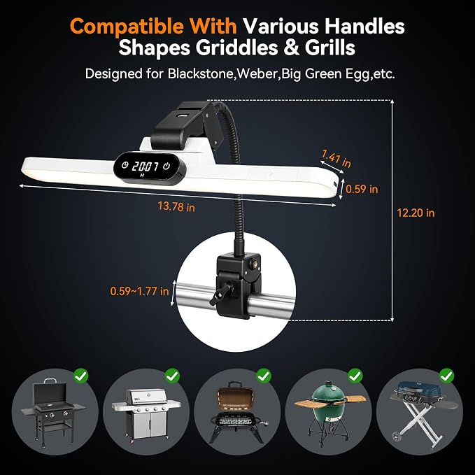 BBQ Grill Light, Rechargeable LED Grill Lamp with Digital BBQ Timer Clock, 3 Color Modes & Adjustable Brightness, Fits Blackstone, Weber & Smoker, Perfect Grilling Gifts