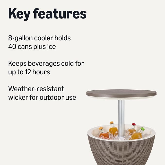 Amazon Basics Patio Bar Table, Outdoor Cooler Table with Drain Hole, 8-Gallon Insulated Storage, Wicker Style, Weather-Resistant