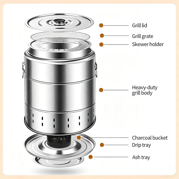 2-in-1 Charcoal Barrel Grill,Freely Switch Between the Grill Rack and Grill Mesh,20 Skewer Smokeless Portable Outdoor BBQ Grill with Stainless Steel Surround,Outdoor Cooking for Picnics Camping