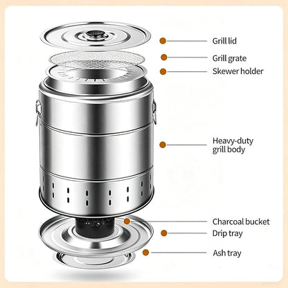 2-in-1 Charcoal Barrel Grill,Freely Switch Between the Grill Rack and Grill Mesh,20 Skewer Smokeless Portable Outdoor BBQ Grill with Stainless Steel Surround,Outdoor Cooking for Picnics Camping