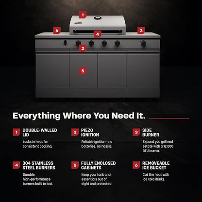 Tytus Fresno 66" 5-Burner Propane or Nat Gas Island Grill, 60K Total BTUs | Pre-assembled for fast install, 864 sq inch cooking area with Side Burner, Storage, Ice Bucket, On Wheels - Gunmetal Island