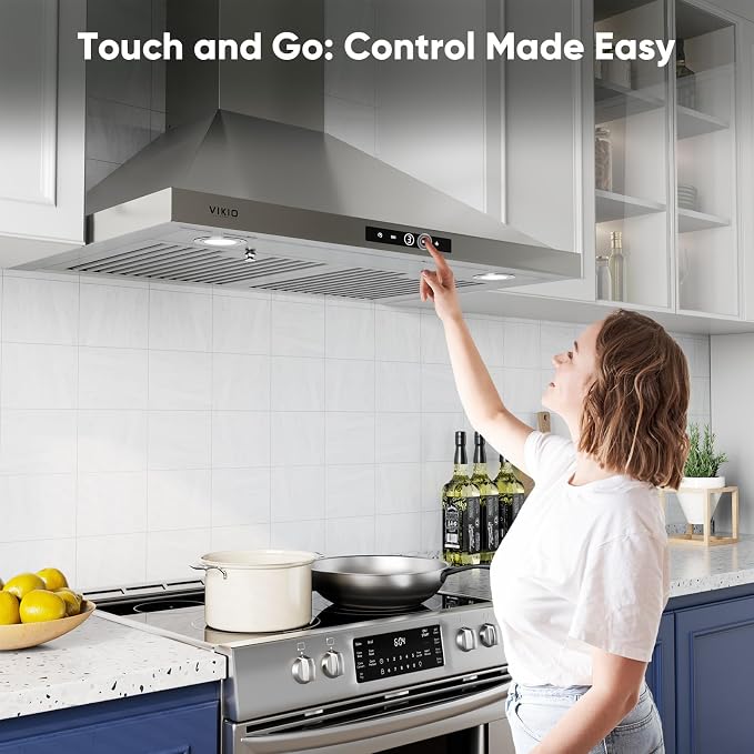 VIKIO HOME Wall Mount Range Hood 30 inch, 580 CFM, Stainless Steel Kitchen Vent Hood Ducted/Ductless Convertible, with 3-Speed Fan and LED Lights