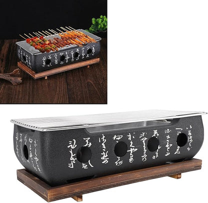 FLEXMAN Japanese Style Barbecue Grill, Portable Japanese Cuisine Charcoal Stove, Mini Rectangle Korean Bbq Grill with Wood Base Wire Plate for Family Gatherings Camping Picnics (XL)