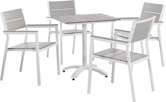modway Maine 5-Piece Aluminum Dining Table And Chair Outdoor Patio Set in White Light Gray