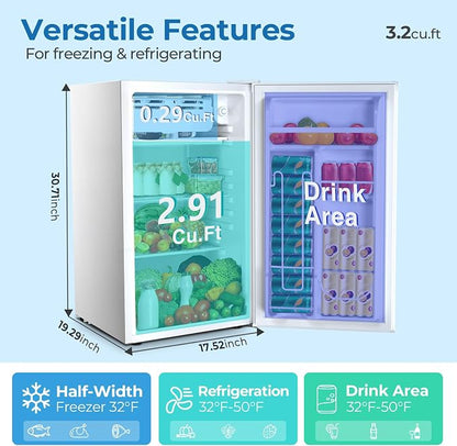Electactic 3.2 Cu.ft Mini Fridge with Freezer, Compact Refrigerator with Reversible Single Door, Adjustable Thermostat, Low Noise, Energy Efficient for Office, Dorm, Bedroom, Apartment (WHITE)