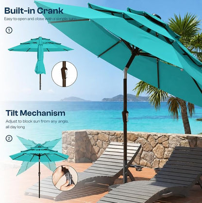 10ft Patio Umbrella, 3 Tier Outdoor Market Table Umbrellas with 8 Fiberglass Ribs and Push Button Tilt, Windproof, Vented Canopy, UV Protection for Deck, Pool, Backyard