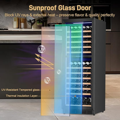 Velivi 24 Inch Dual Zone Wine Cooler Refrigerator, 179 Bottle | Built-in & Freestanding Wine Fridge, with Front Vent, Digital Touch Control, Quiet Compressor, Lock, Black