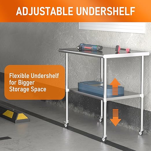Stainless Steel Table with Wheels 30" x 36" Utility Worktable with Adjustable Undershelf for Commercial Kitchen, Garage, Restaurant