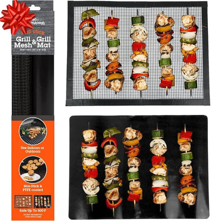 Grilling Mesh & Mat Combo Pack (13.25"x18" ea)- Heavy Duty 100% Non-Stick Reusable BBQ Grilling Sheets 2 Pack - Use in Outdoor Grill & Indoor Oven - Heat Safe up to 500° F - Grilling Gift for Men