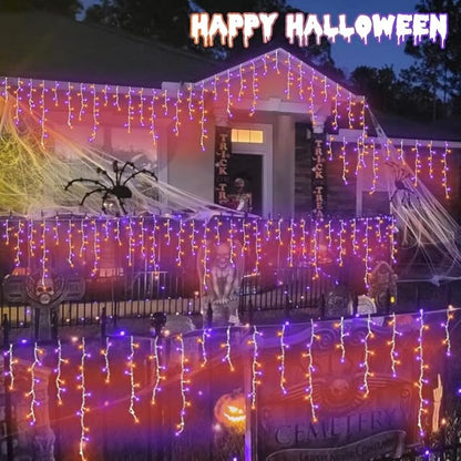 QITONG Orange and Purple Halloween Lights, 99ft 1200 LED Icicle Lights for Outside Plug in, Clear Wire String Light Indoor with 8 Modes