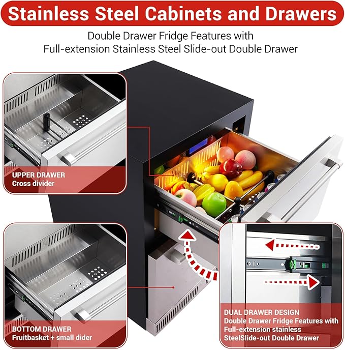 24 Inch Refrigerators, 5.12 Cu.Ft Under Counter Refrigerator with Removable Inside Basket, Built-In and Freestanding Refrigerator, Waterproof,Dual Drawer,Fingerprint Resistant, Stainless Steel, Black